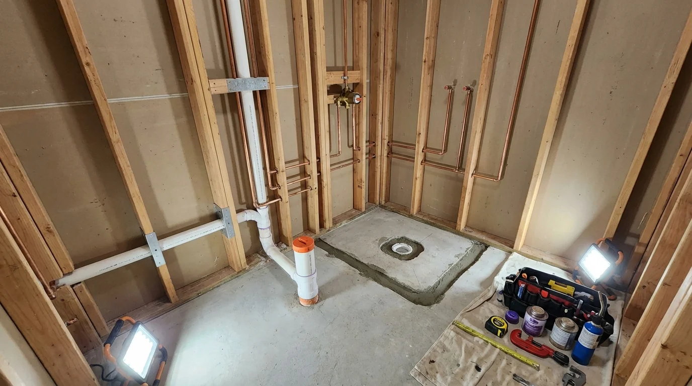 Bathroom rough-in plumbing during remodel by Johns Plumbing LLC in Hico