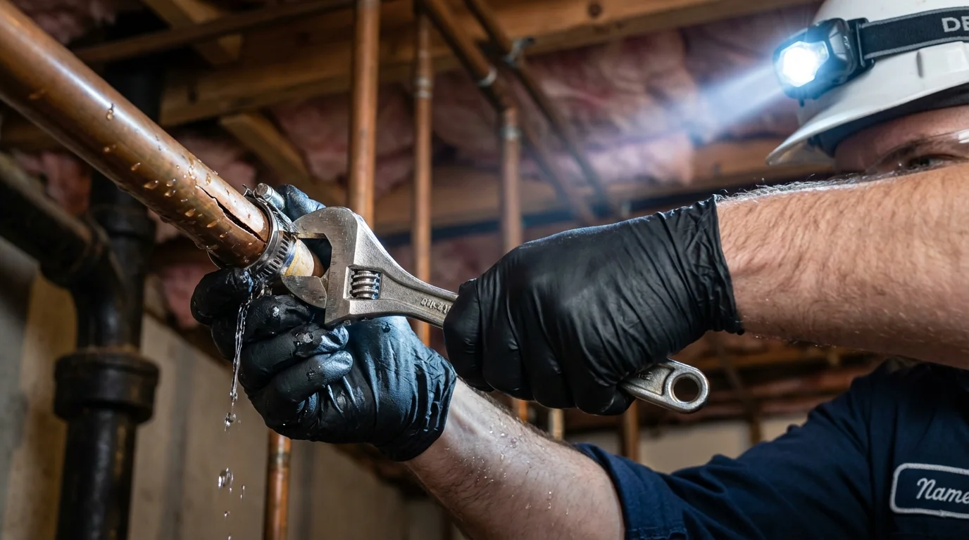 Emergency pipe clamp repair being performed by a Johns Plumbing LLC plumber in Hico