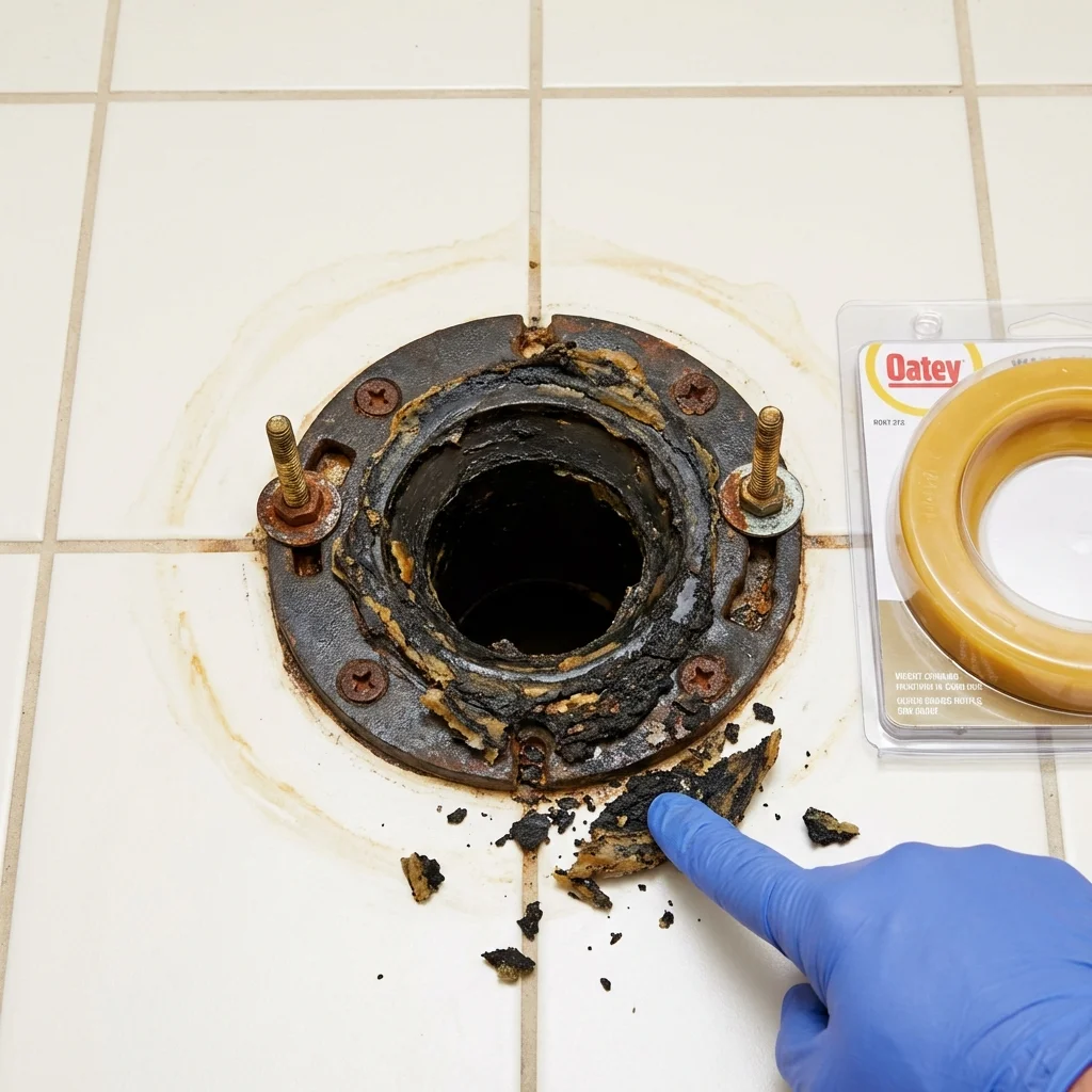 Failed wax ring showing water seepage at the base of a toilet in a Hico, TX home